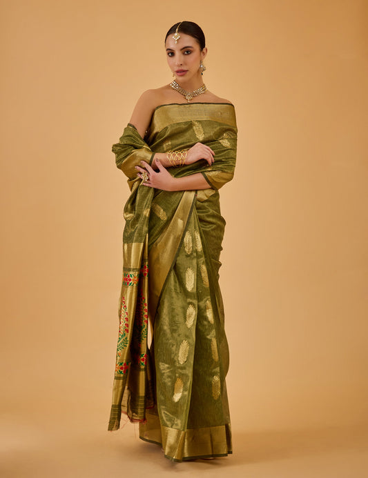 dhartii  Neem Green Jacquard Chanderi Saree