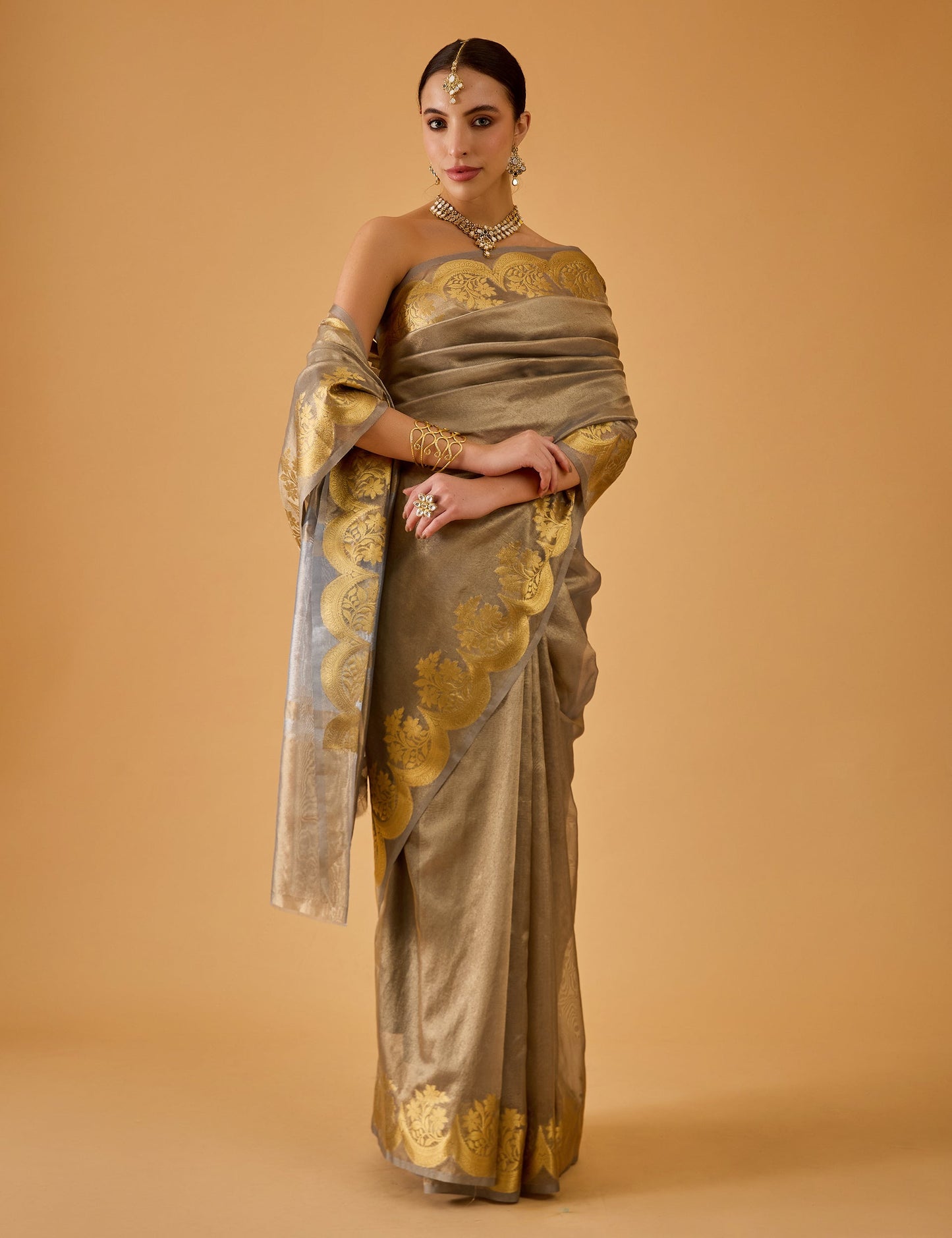 dhartii  Metallic Grey Jacquard Tissue Silk Saree