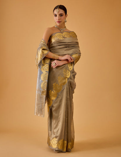 dhartii  Metallic Grey Jacquard Tissue Silk Saree