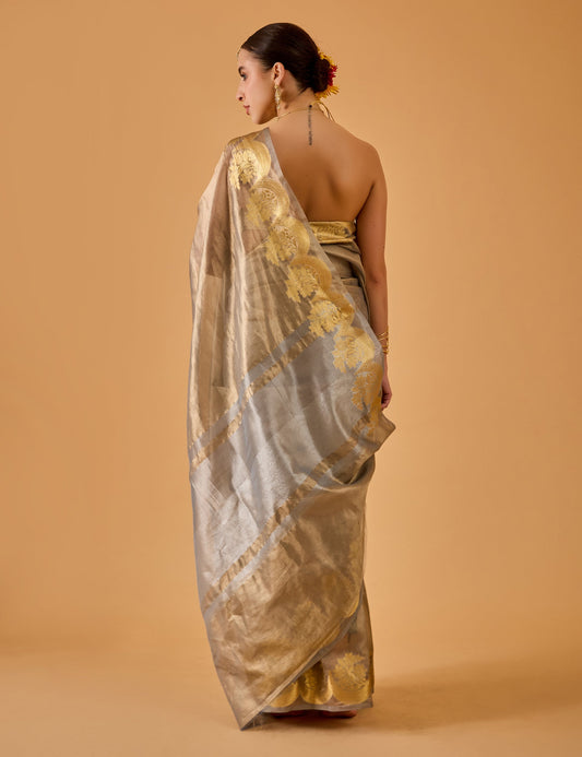 dhartii  Metallic Grey Jacquard Tissue Silk Saree