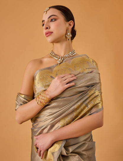dhartii  Metallic Grey Jacquard Tissue Silk Saree