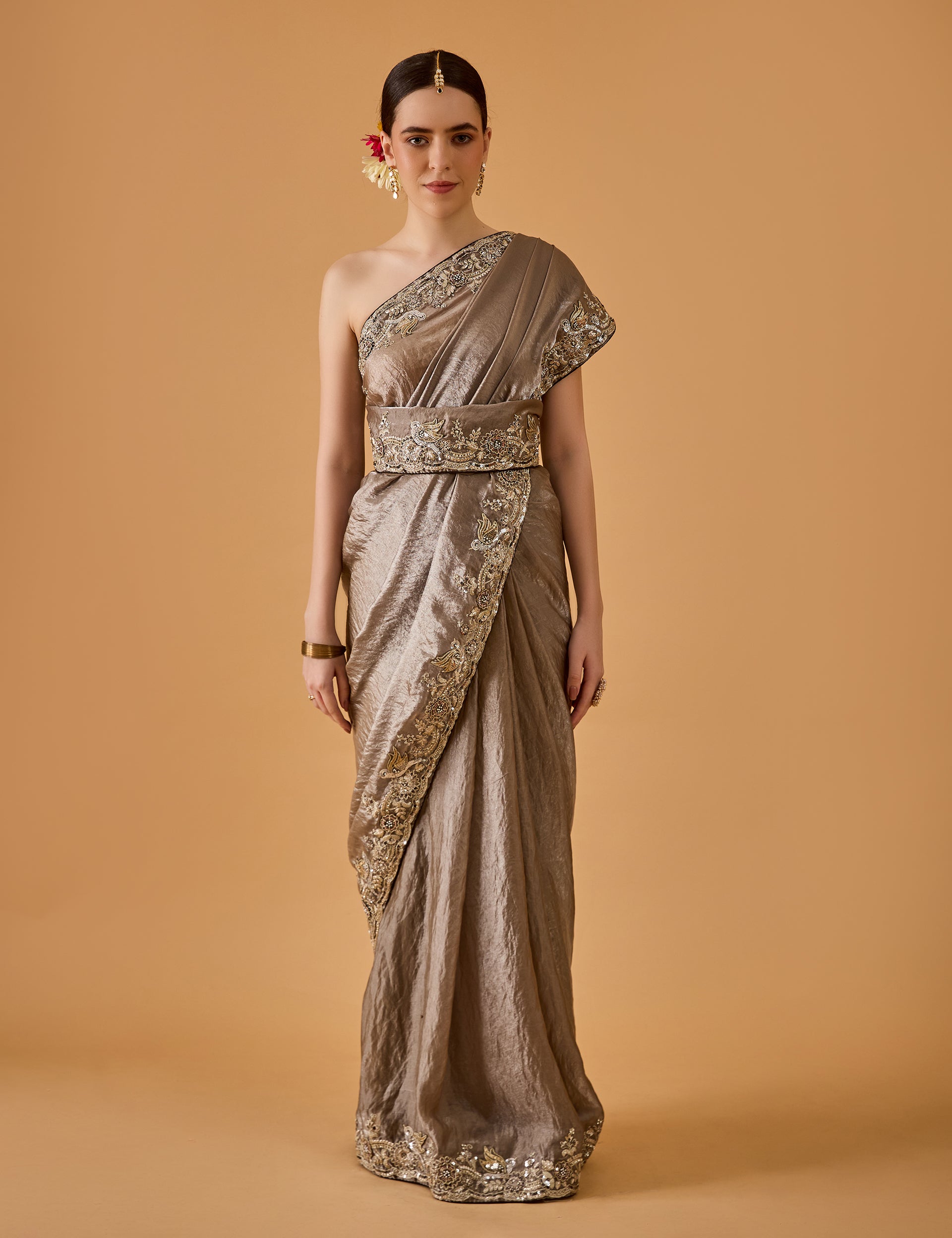 dhartii  Metallic Grey Grace Embroidered Silk Tissue Saree