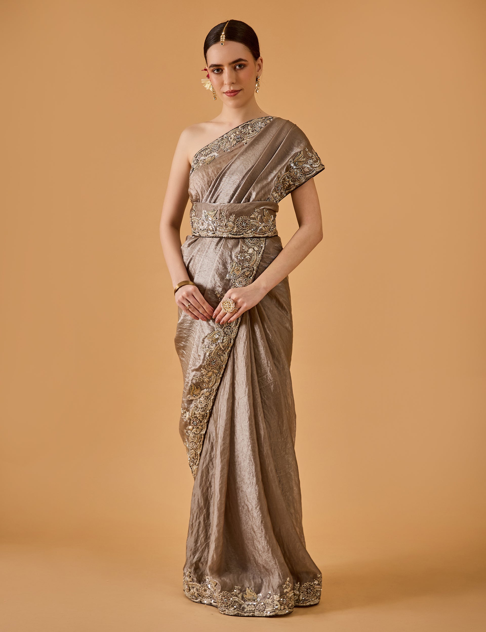 dhartii  Metallic Grey Grace Embroidered Silk Tissue Saree