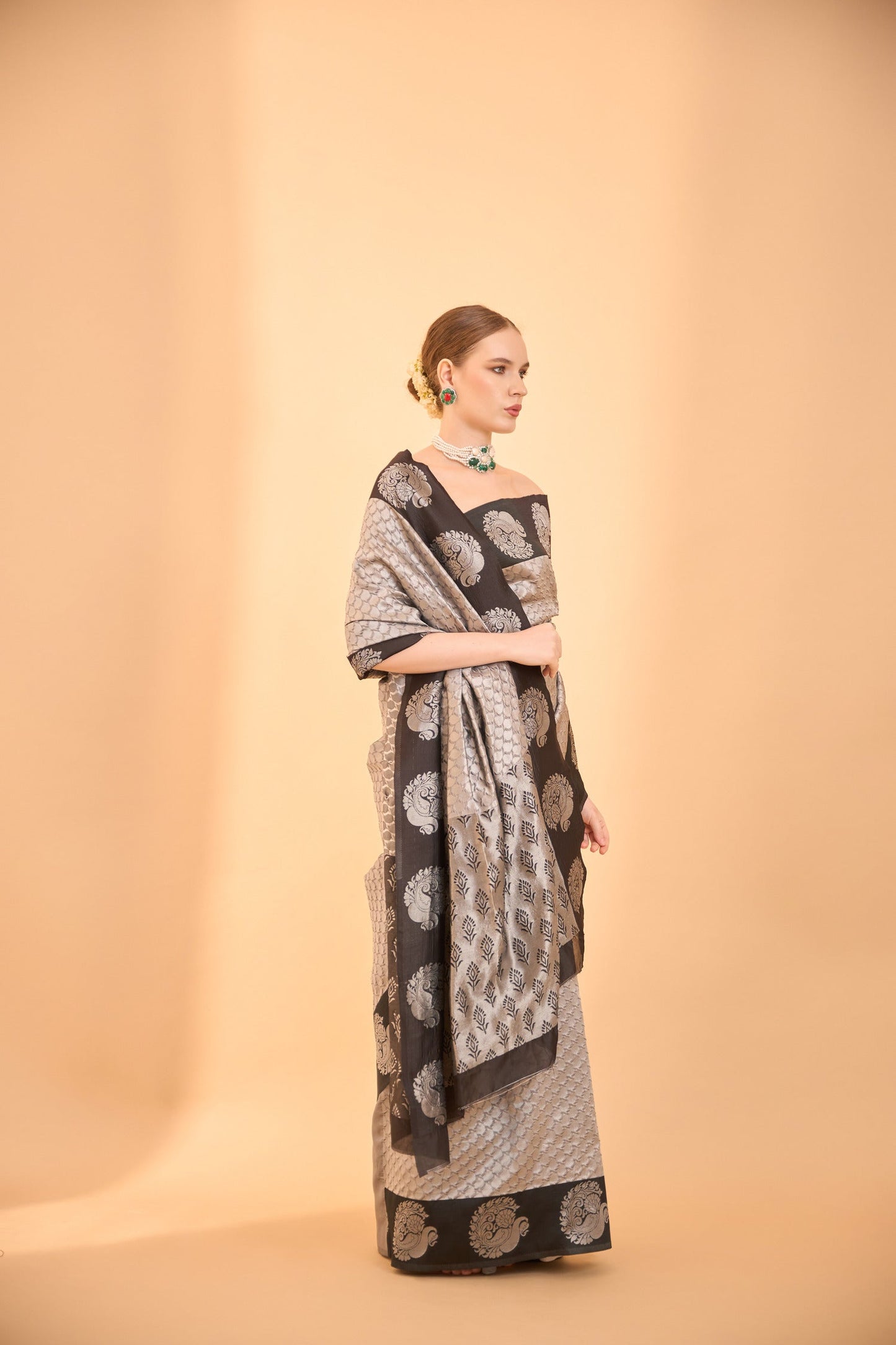 Light Grey Banarasi Silk Saree with Contrasting Black Border & Motifs
