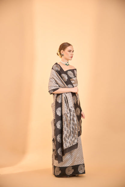 Light Grey Banarasi Silk Saree with Contrasting Black Border & Motifs