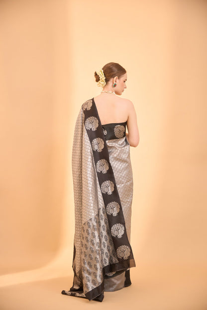 Light Grey Banarasi Silk Saree with Contrasting Black Border & Motifs