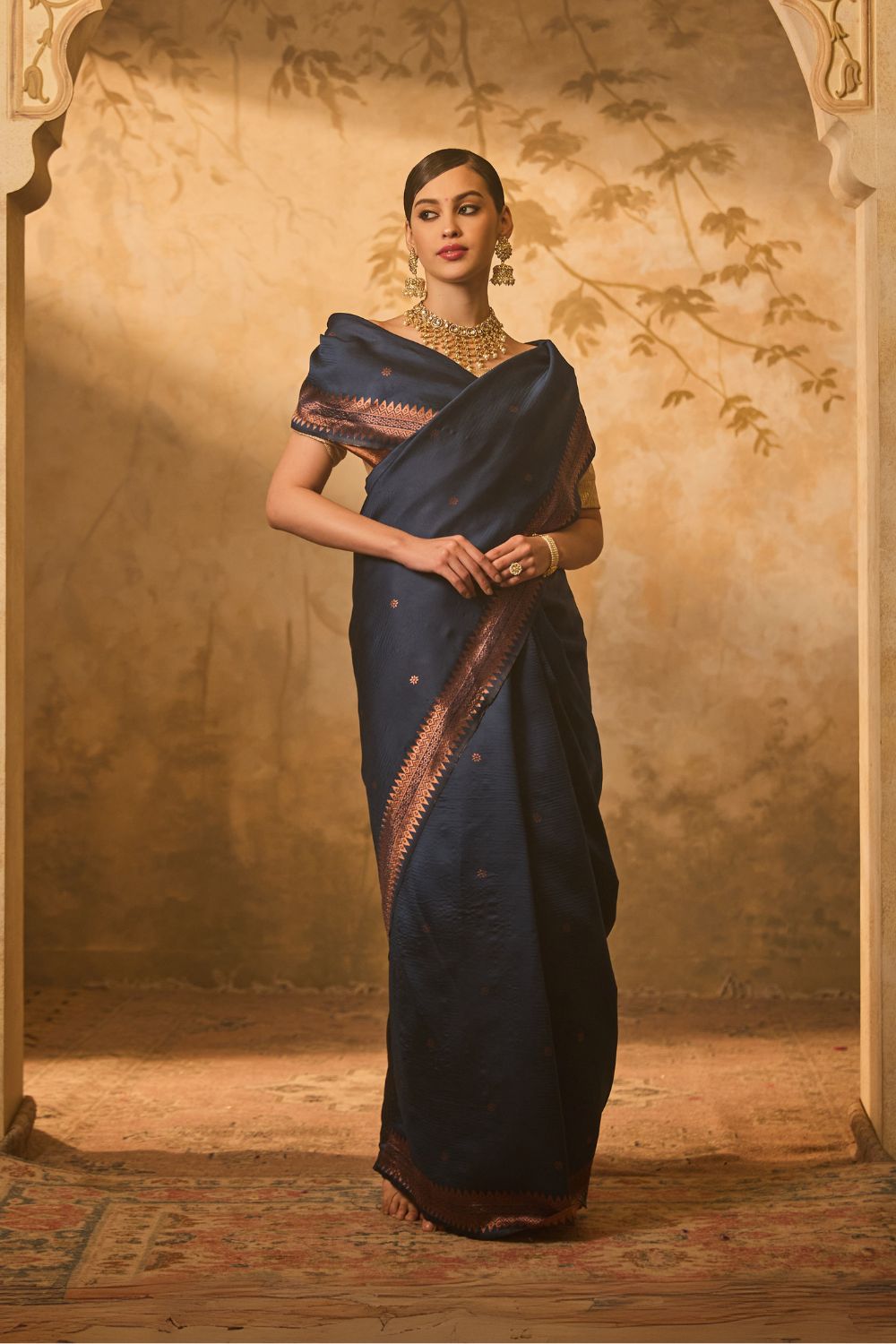 Navy Blue Kanjivaram Silk Saree With Copper Zari Work