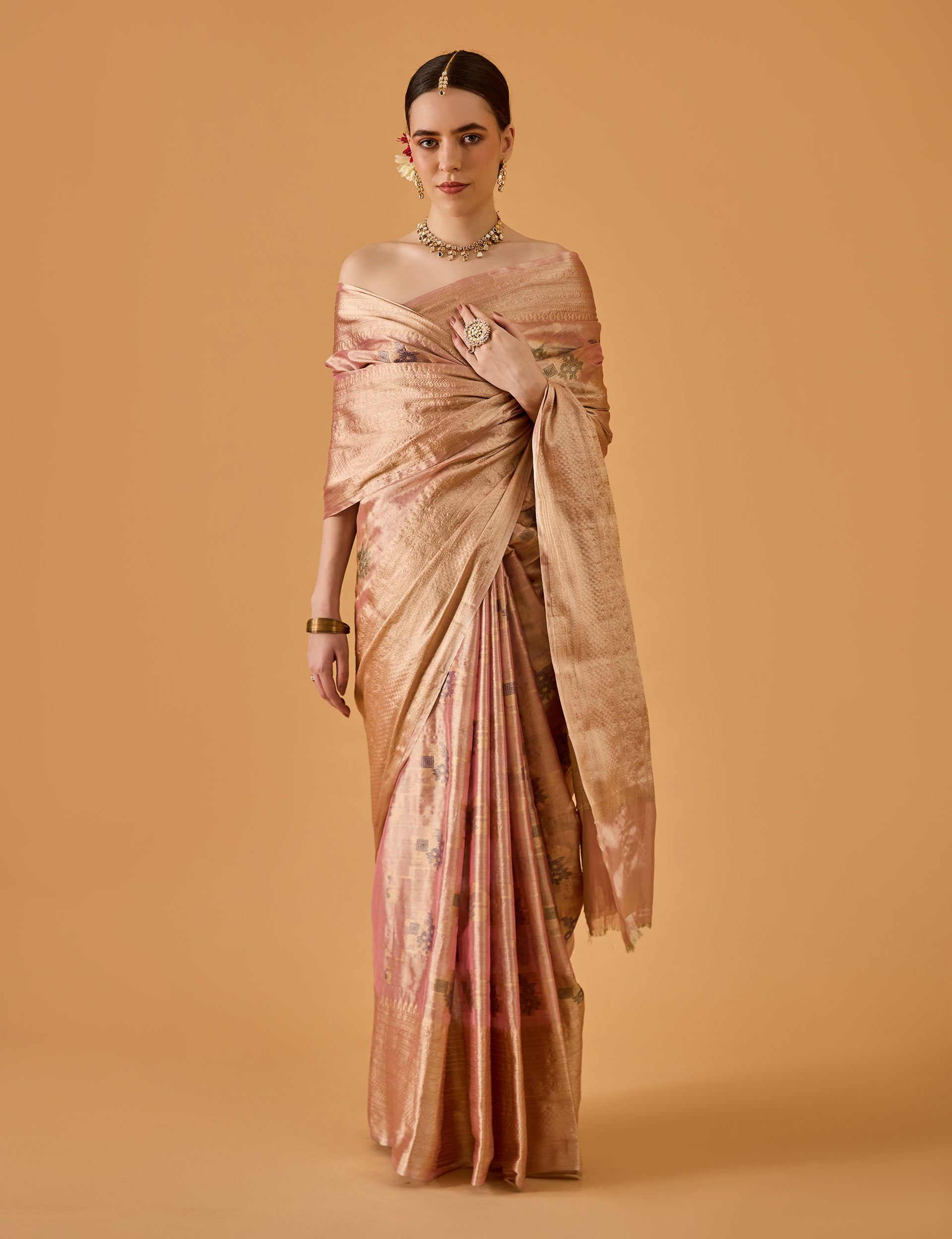 dhartii  Metallic Blush Pink Jacquard Silk Blend Saree