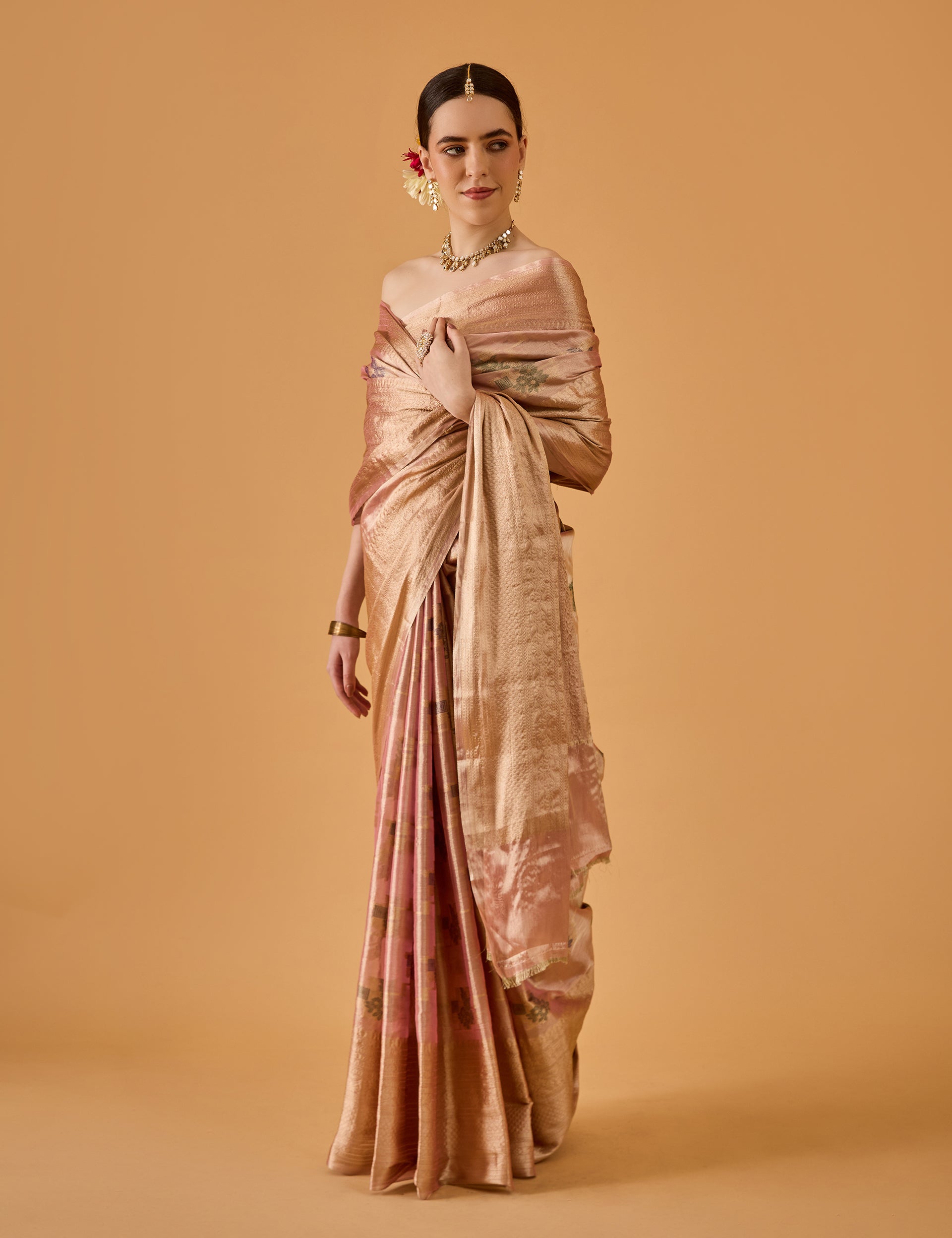 dhartii  Metallic Blush Pink Jacquard Silk Blend Saree