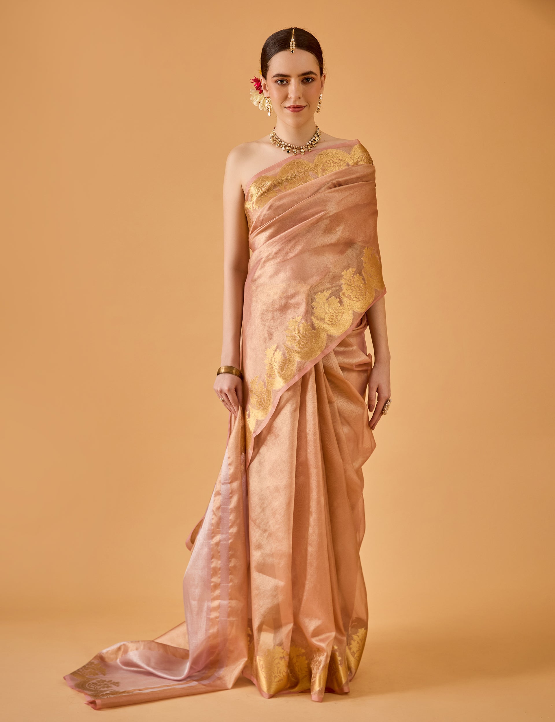 dhartii  Metallic Peach Jacquard Silk Tissue Saree
