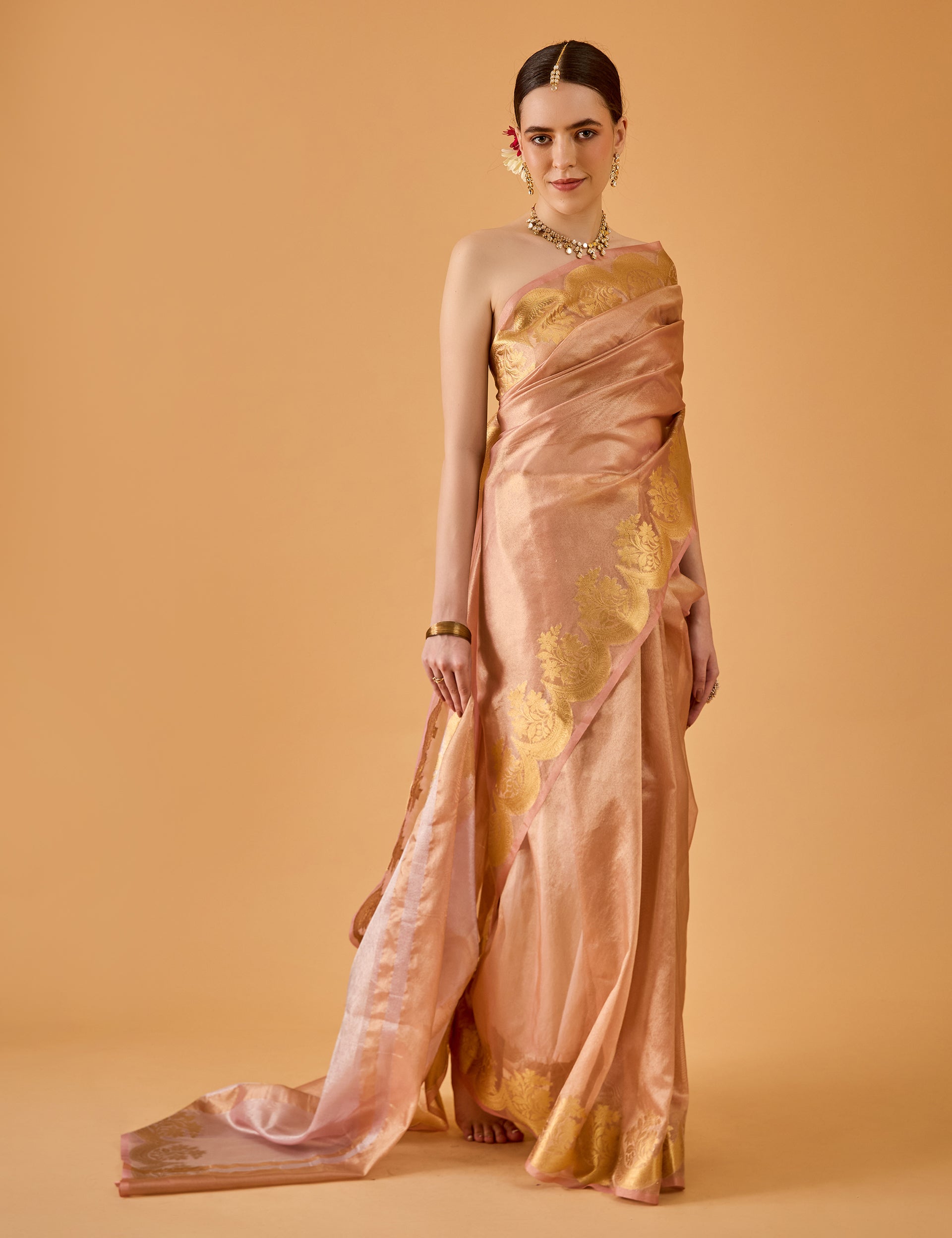 dhartii  Metallic Peach Jacquard Silk Tissue Saree