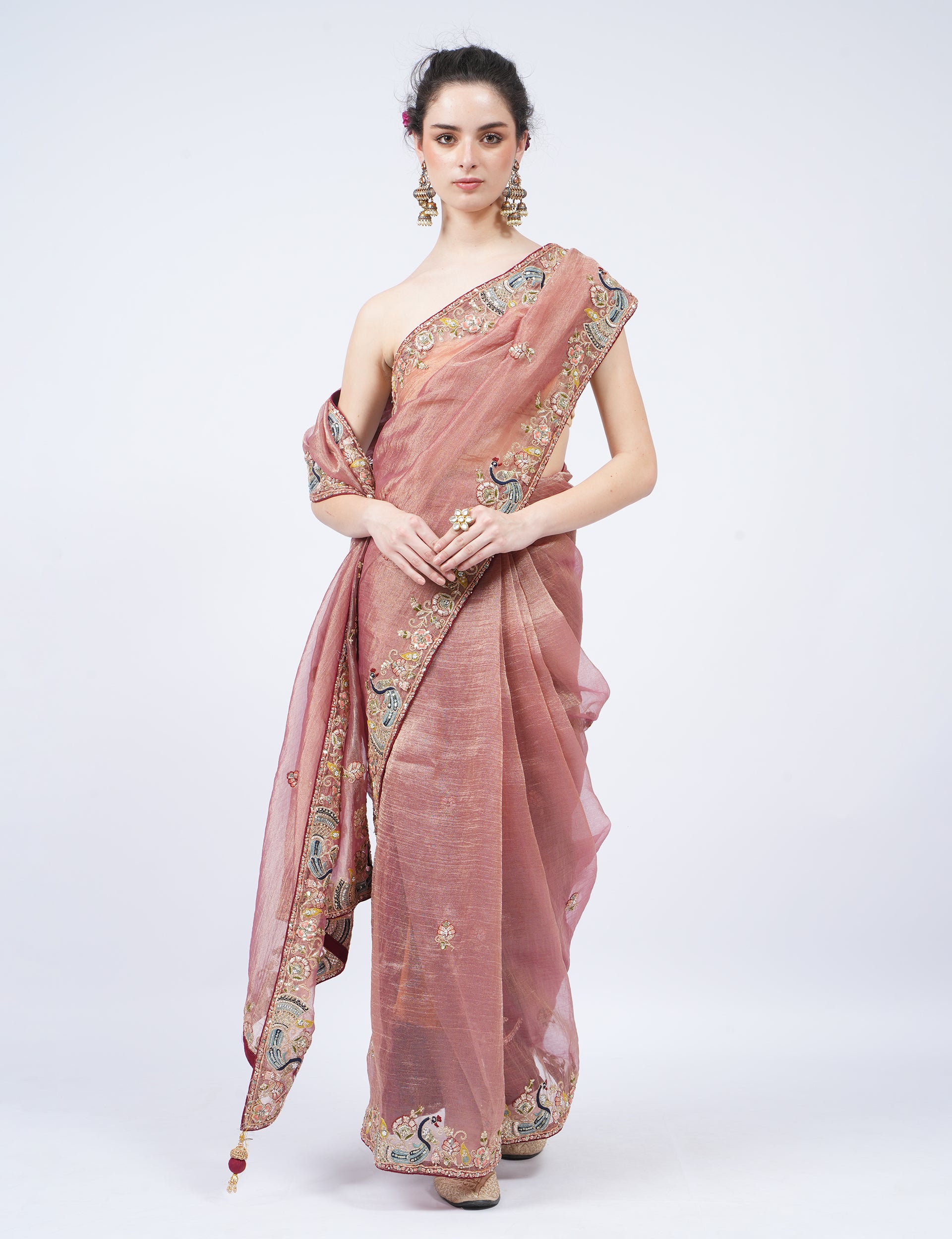 dhartii  Rusty Peach Embroidered Silk Blend Tissue Saree