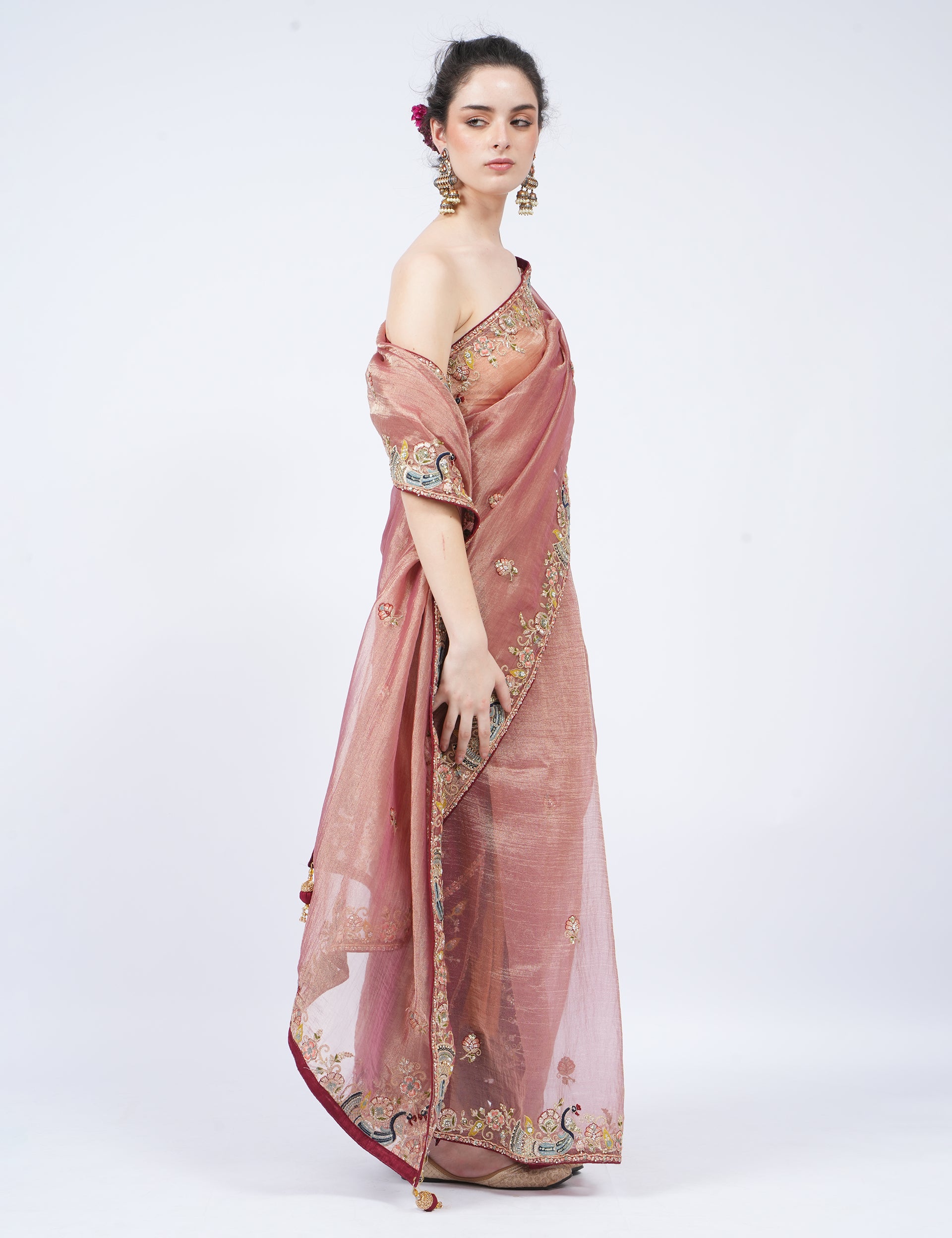dhartii  Rusty Peach Embroidered Silk Blend Tissue Saree