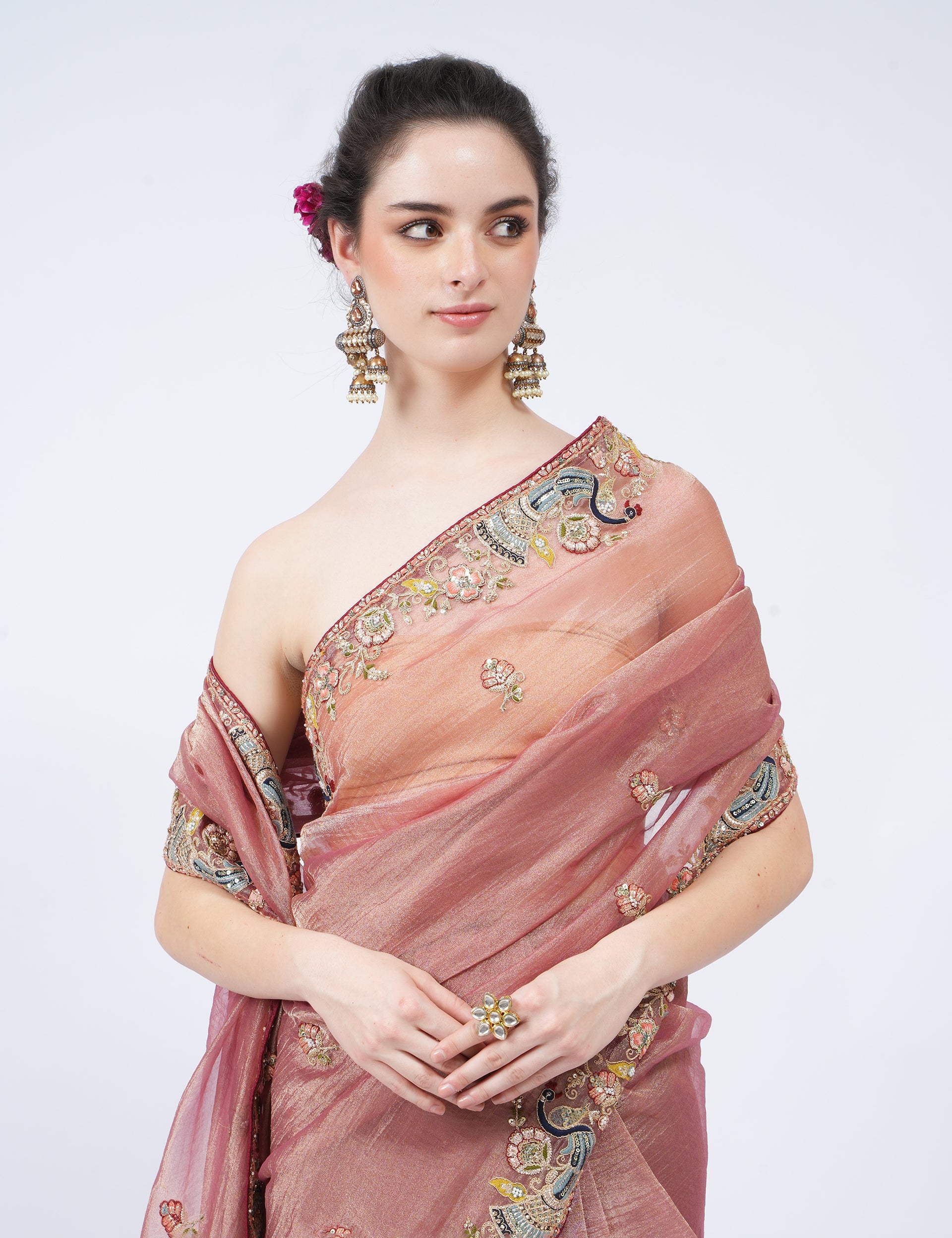 dhartii  Rusty Peach Embroidered Silk Blend Tissue Saree