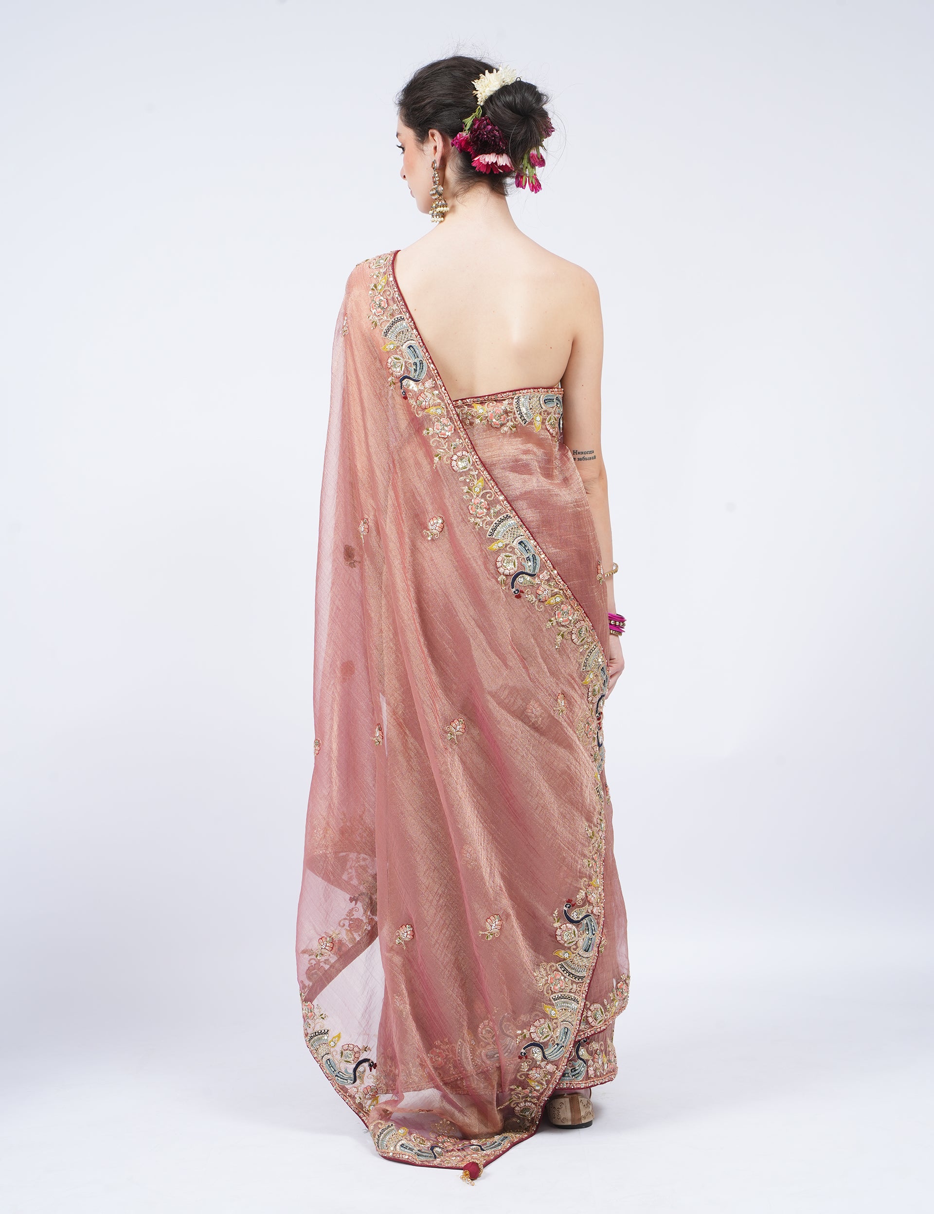 dhartii  Rusty Peach Embroidered Silk Blend Tissue Saree