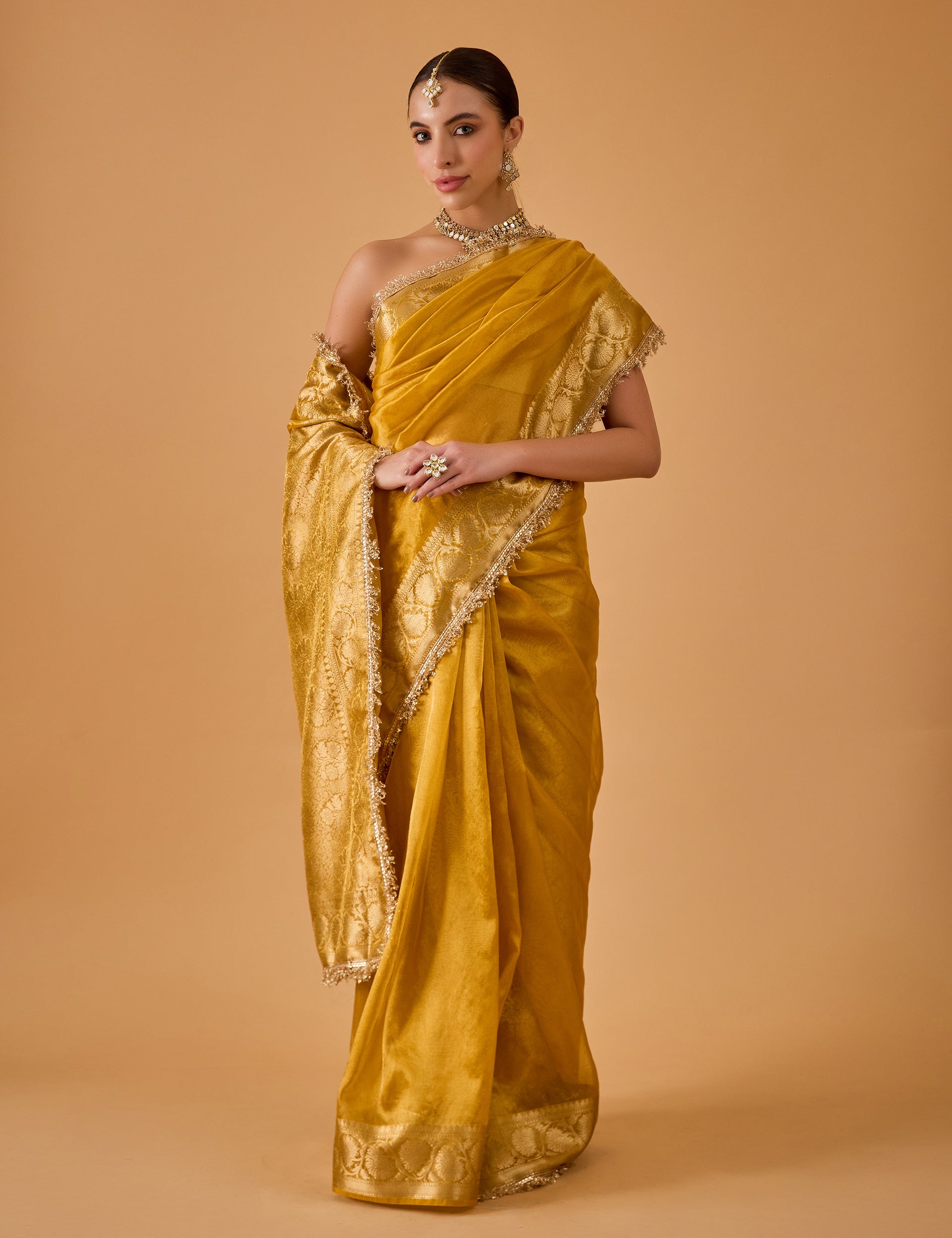 dhartii  Golden Yellow Jacquard Solid Silk Blend Saree