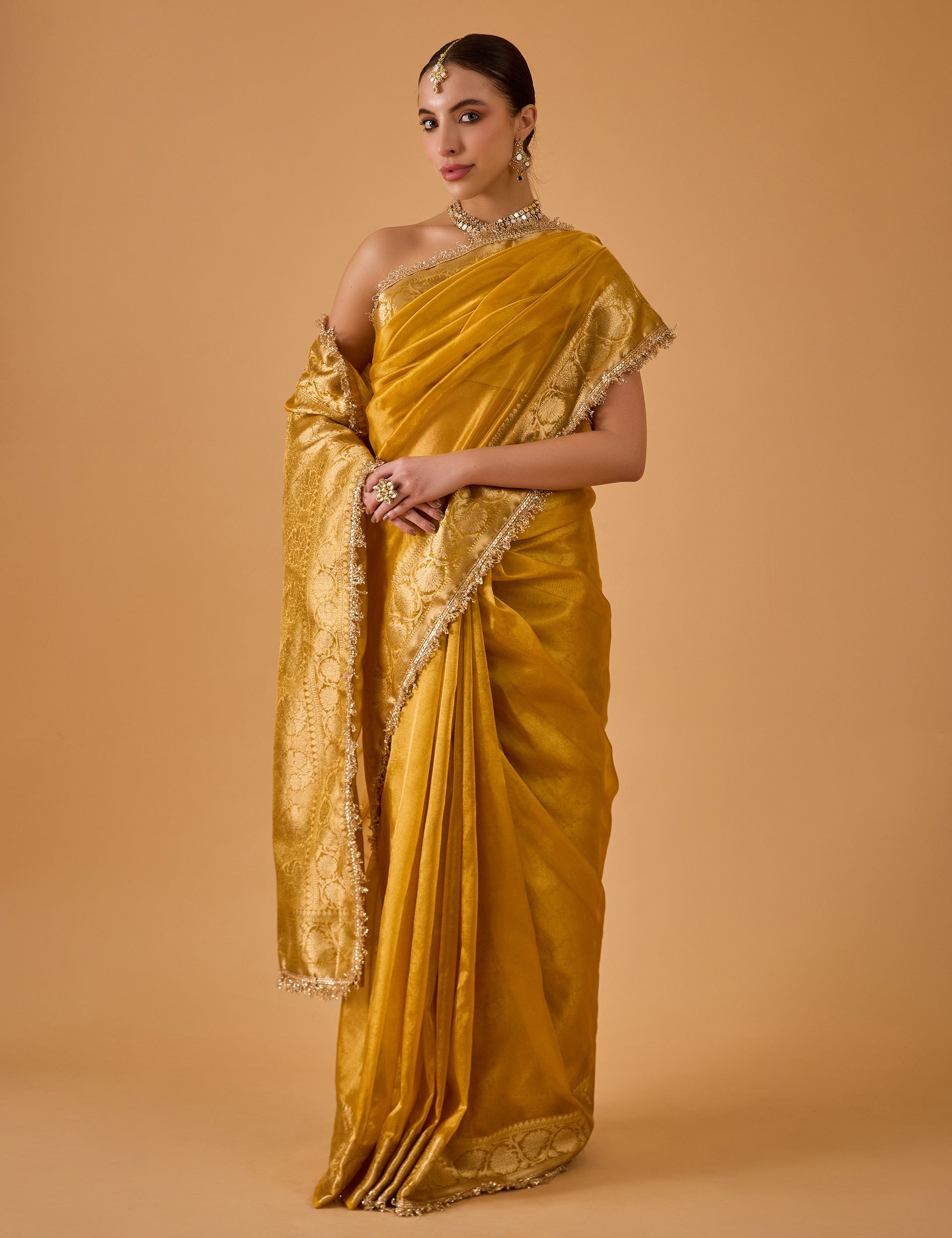dhartii  Golden Yellow Jacquard Solid Silk Blend Saree