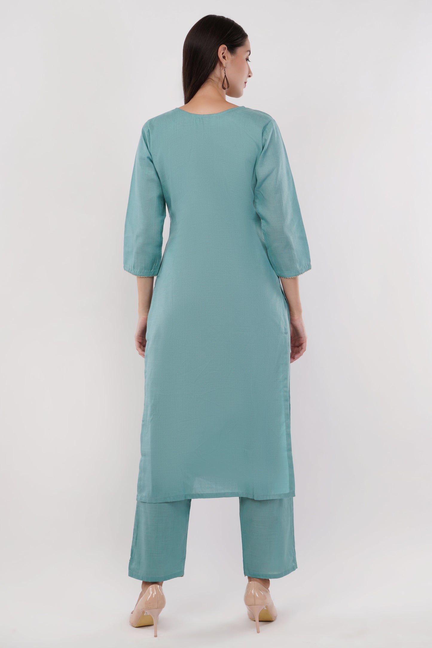 Aqua Green Cotton Fabric Contrasting Dupatta With Embroidered Yoke Suit Set - Set Of 3