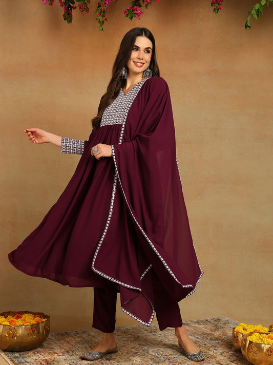 Burgundy Poly Georgette Yoke Design Suit Set