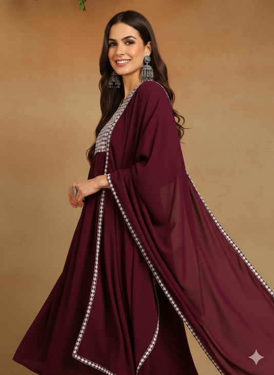Burgundy Poly Georgette Yoke Design Suit Set