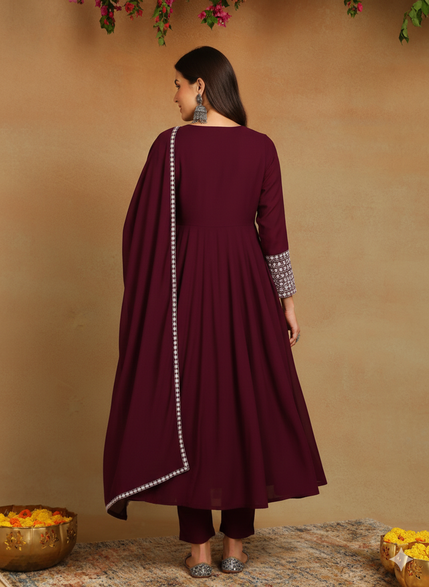 Burgundy Poly Georgette Yoke Design Suit Set