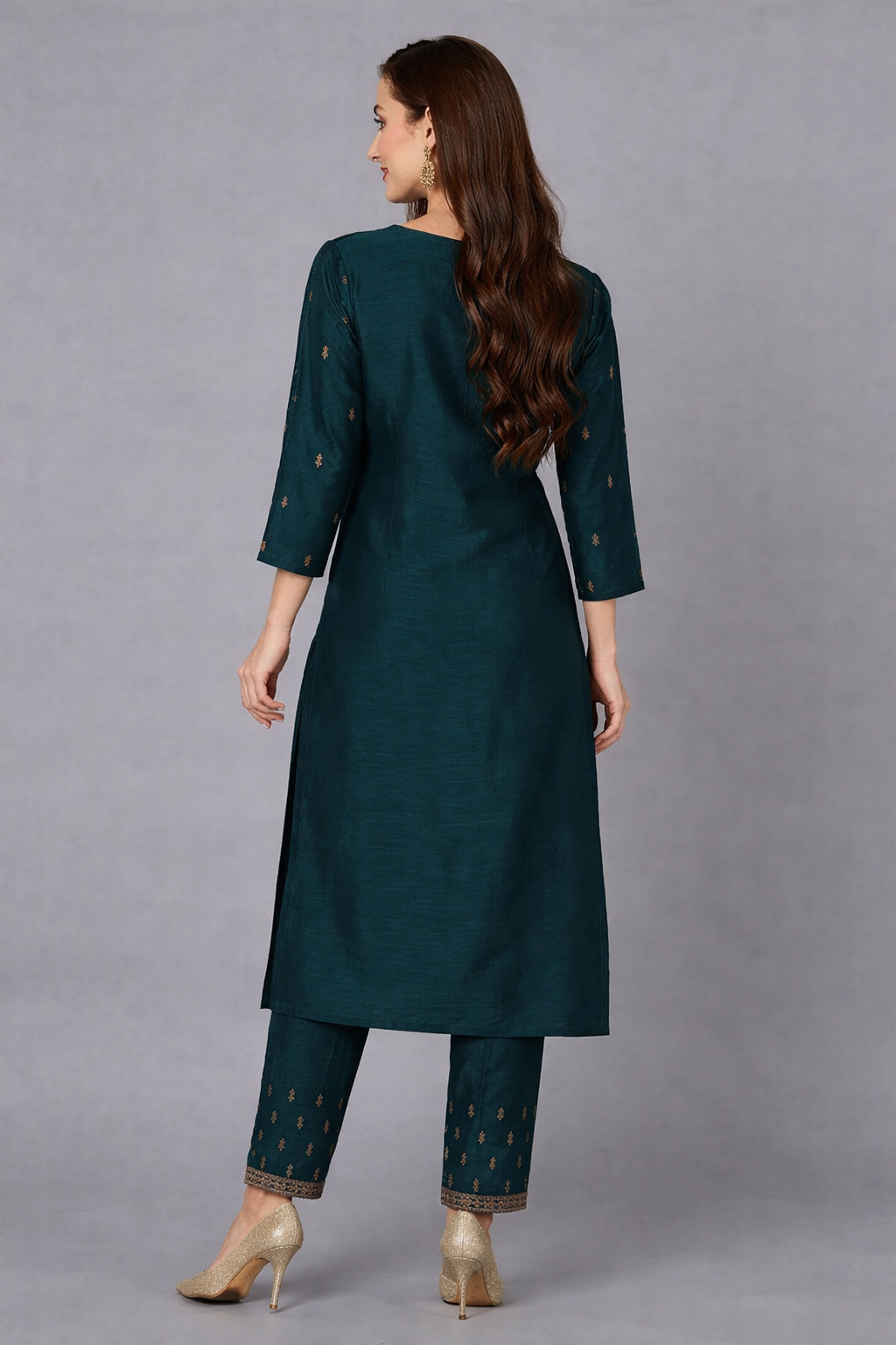 Silk Blend Bottle Green Embroidered Kurta With Pant