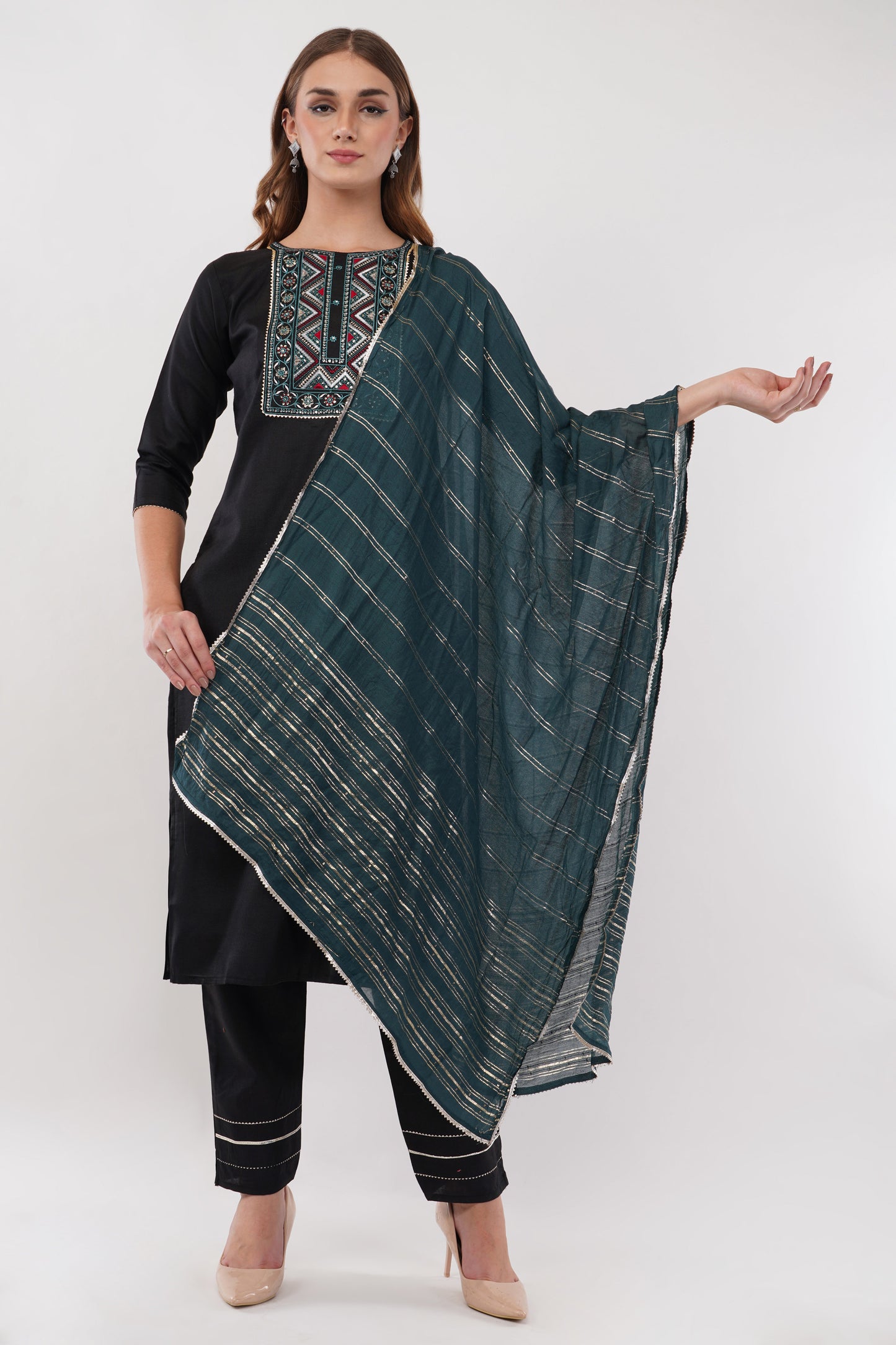 Black Cotton Fabric Contrasting Dupatta With Embroidered Yoke Suit Set - Set Of 3