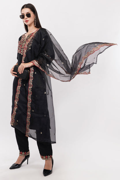 Black Embroidered Suit Set With Dupatta - Set Of 3