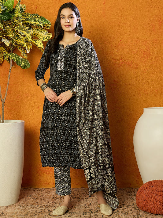 Black Rayon Blend Geometric Printed Straight Suit Set