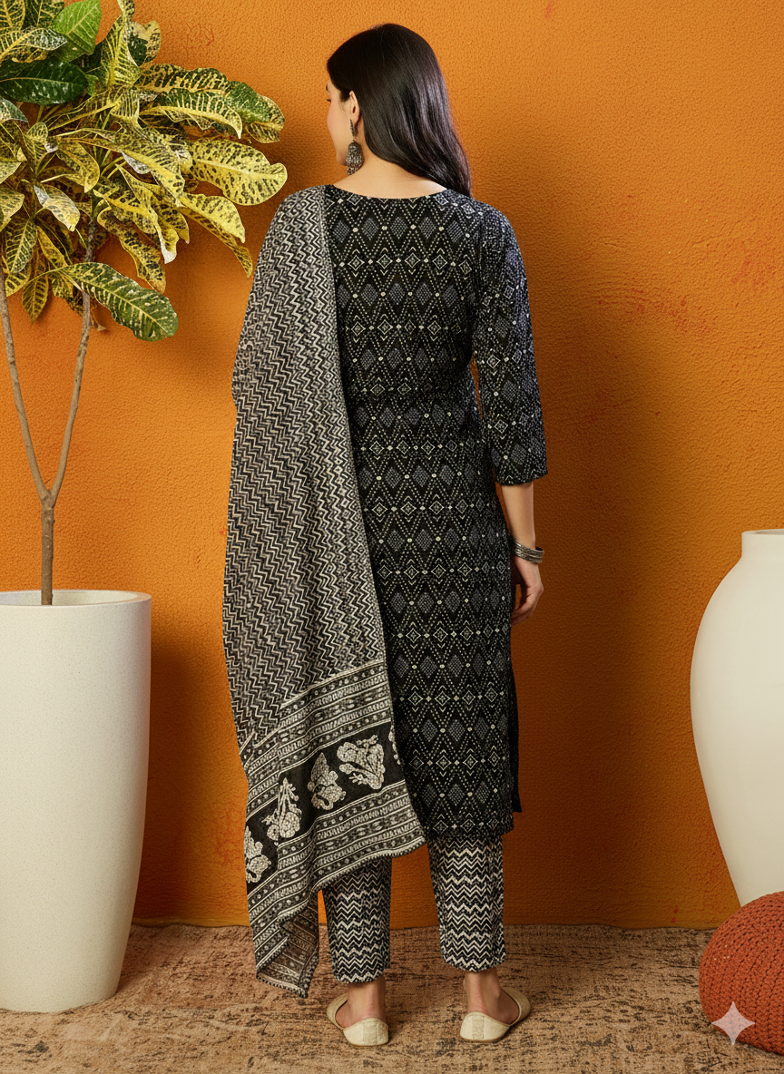 Black Rayon Blend Geometric Printed Straight Suit Set