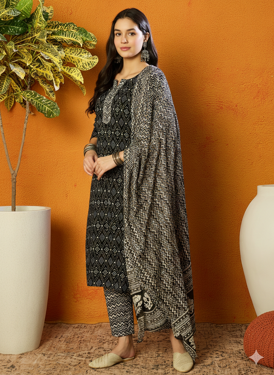 Black Rayon Blend Geometric Printed Straight Suit Set