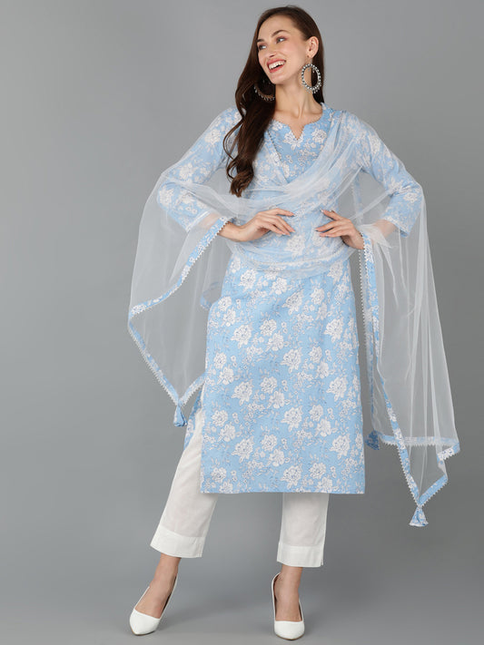 Blue Rayon Blend Floral Straight Kurta Pant With Dupatta