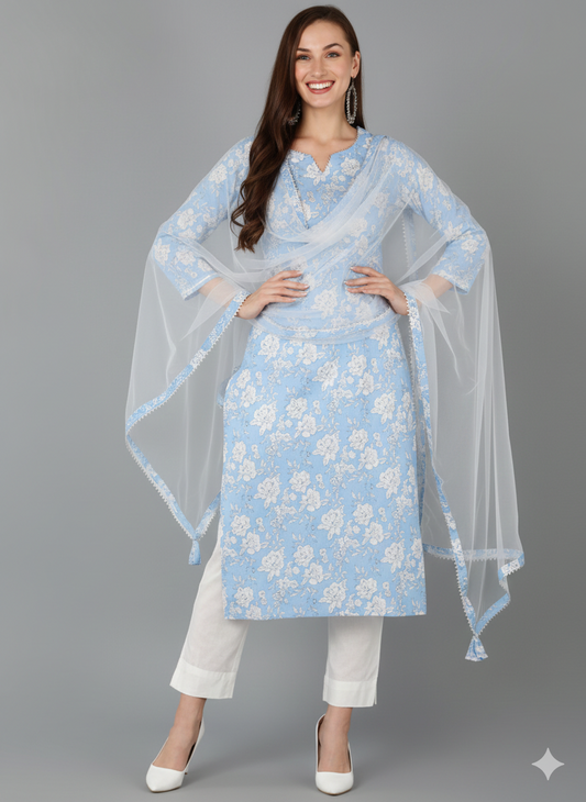 Blue Rayon Blend Floral Straight Kurta Pant With Dupatta