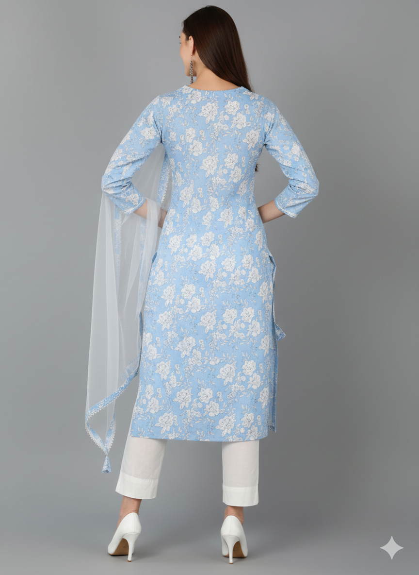Blue Rayon Blend Floral Straight Kurta Pant With Dupatta