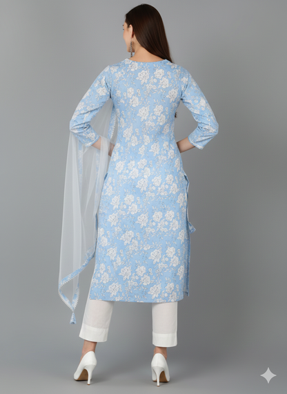 Blue Rayon Blend Floral Straight Kurta Pant With Dupatta