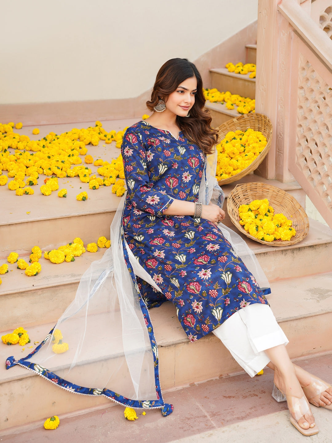 Blue Rayon Blend Printed Kurta Pant With Dupatta