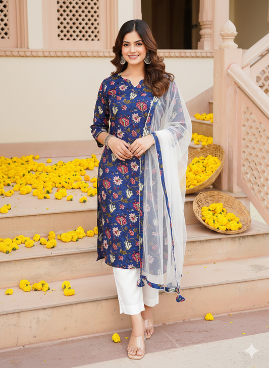 Blue Rayon Blend Printed Kurta Pant With Dupatta