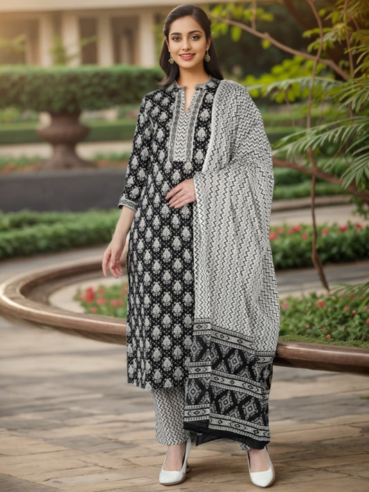 Black Rayon Blend Ethnic Motifs Straight Suit Set 
