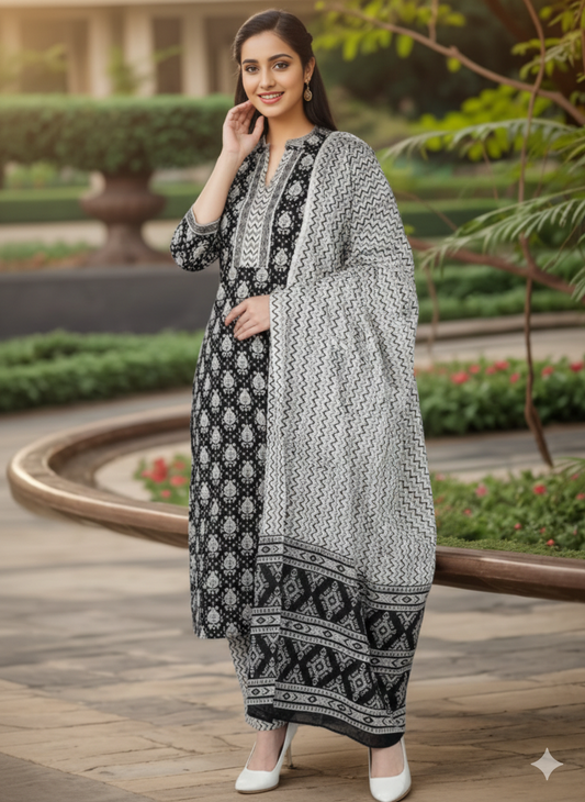 Black Rayon Blend Ethnic Motifs Straight Suit Set 
