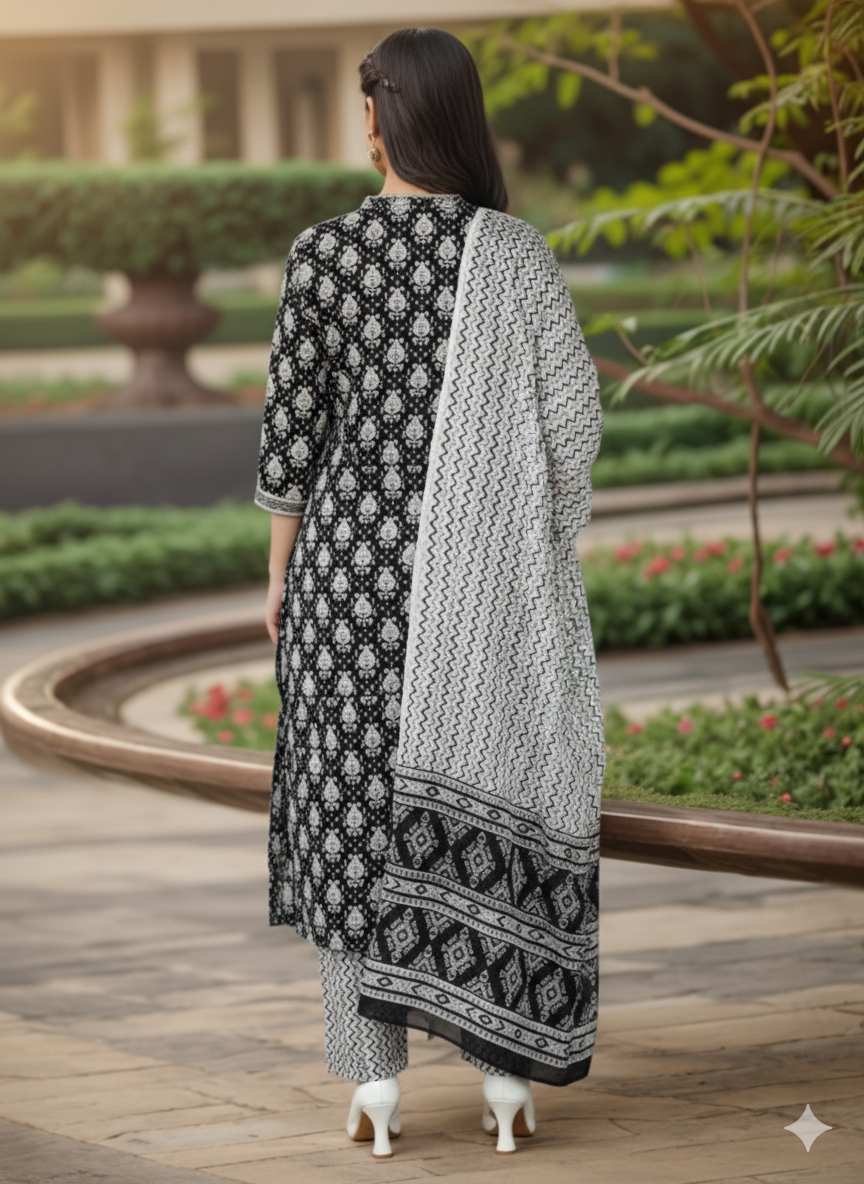 Black Rayon Blend Ethnic Motifs Straight Suit Set 