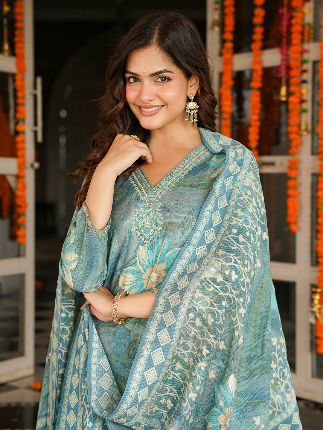 Blue Viscose Rayon Floral Printed Straight Kurta Trousers With Dupatta