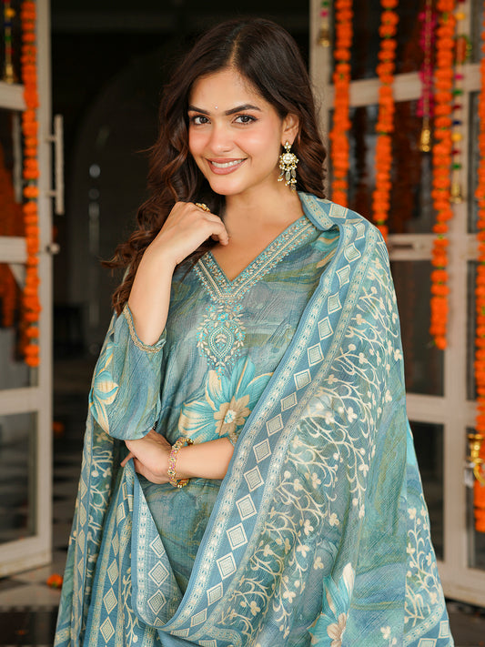 Blue Viscose Rayon Floral Printed Straight Kurta Trousers With Dupatta
