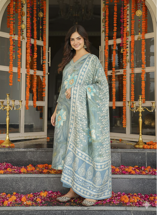 Blue Viscose Rayon Floral Printed Straight Kurta Trousers With Dupatta