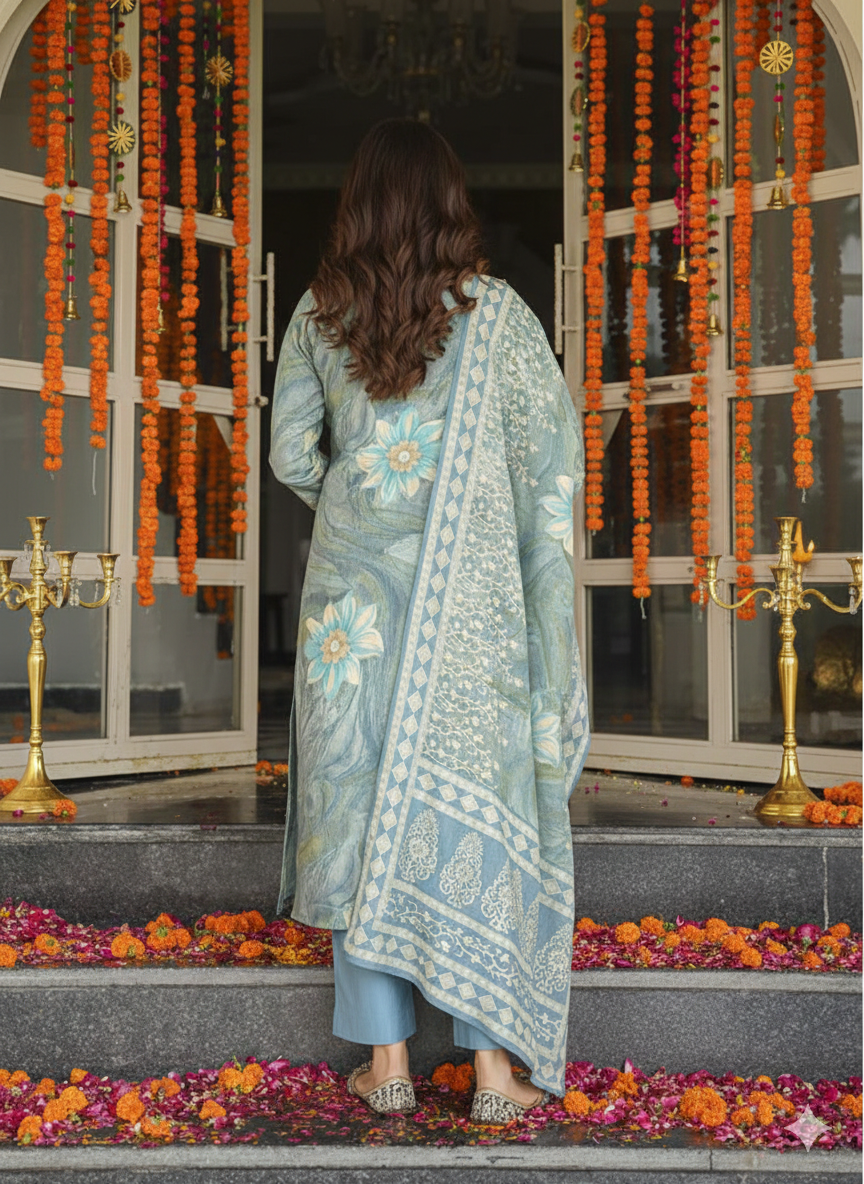 Blue Viscose Rayon Floral Printed Straight Kurta Trousers With Dupatta