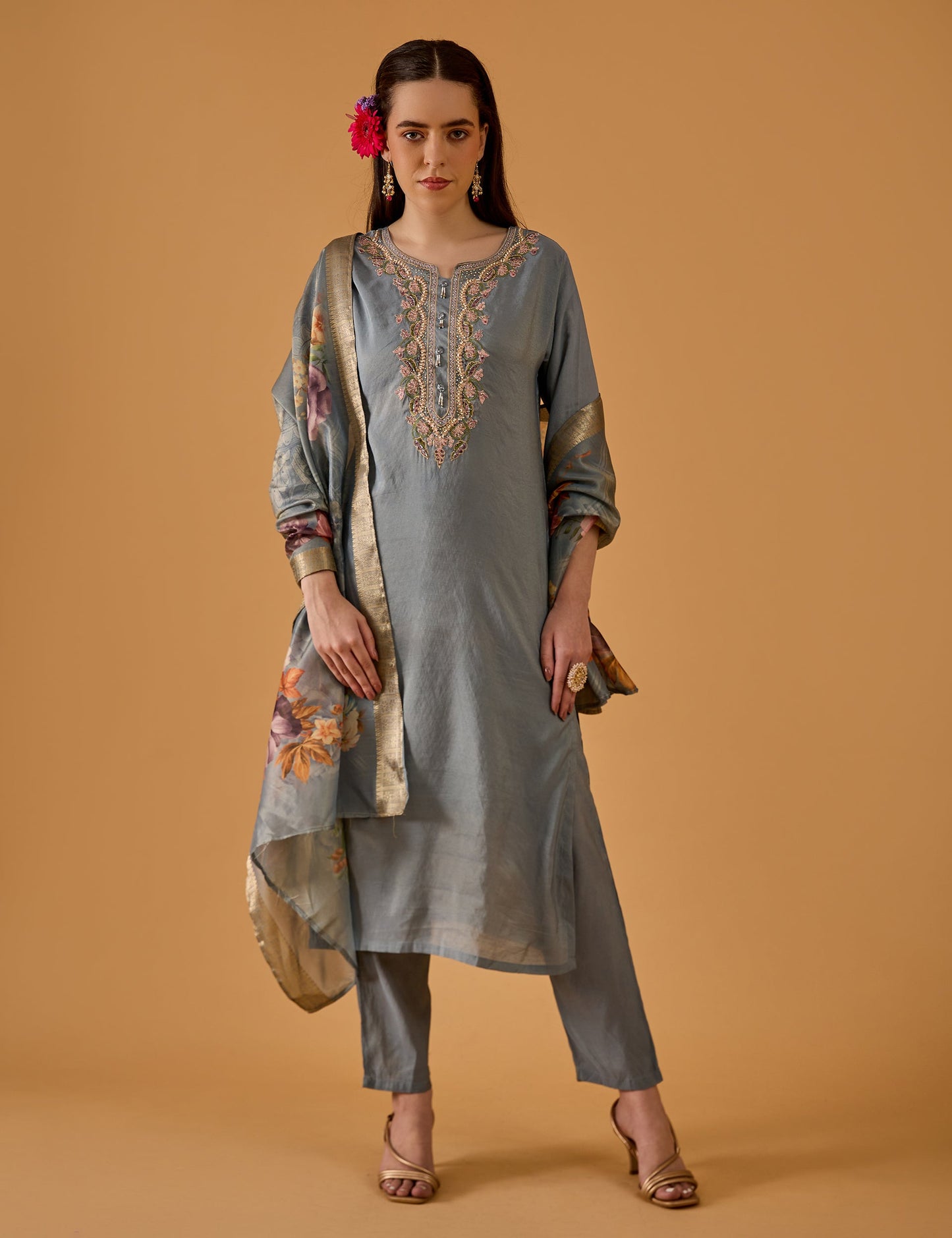 dhartii  Blue Ocean Mist Embroidered Silk Blend Kurta Set