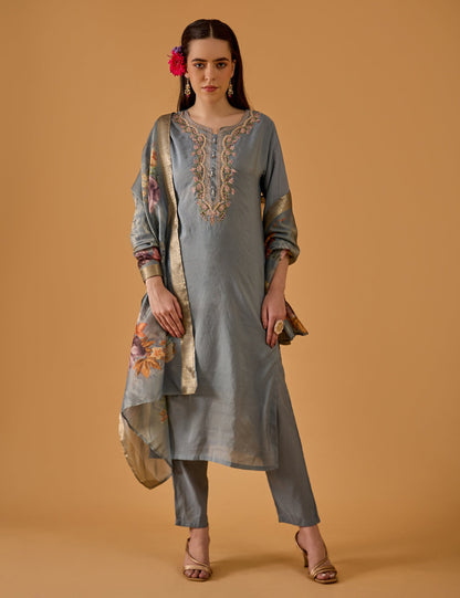 dhartii  Blue Ocean Mist Embroidered Silk Blend Kurta Set