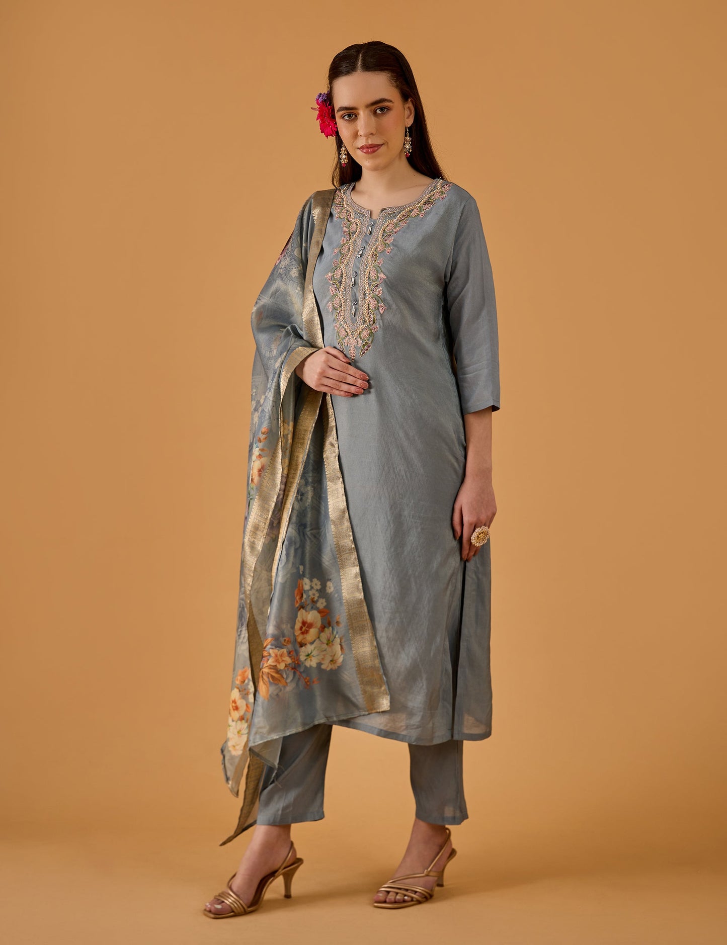 dhartii  Blue Ocean Mist Embroidered Silk Blend Kurta Set