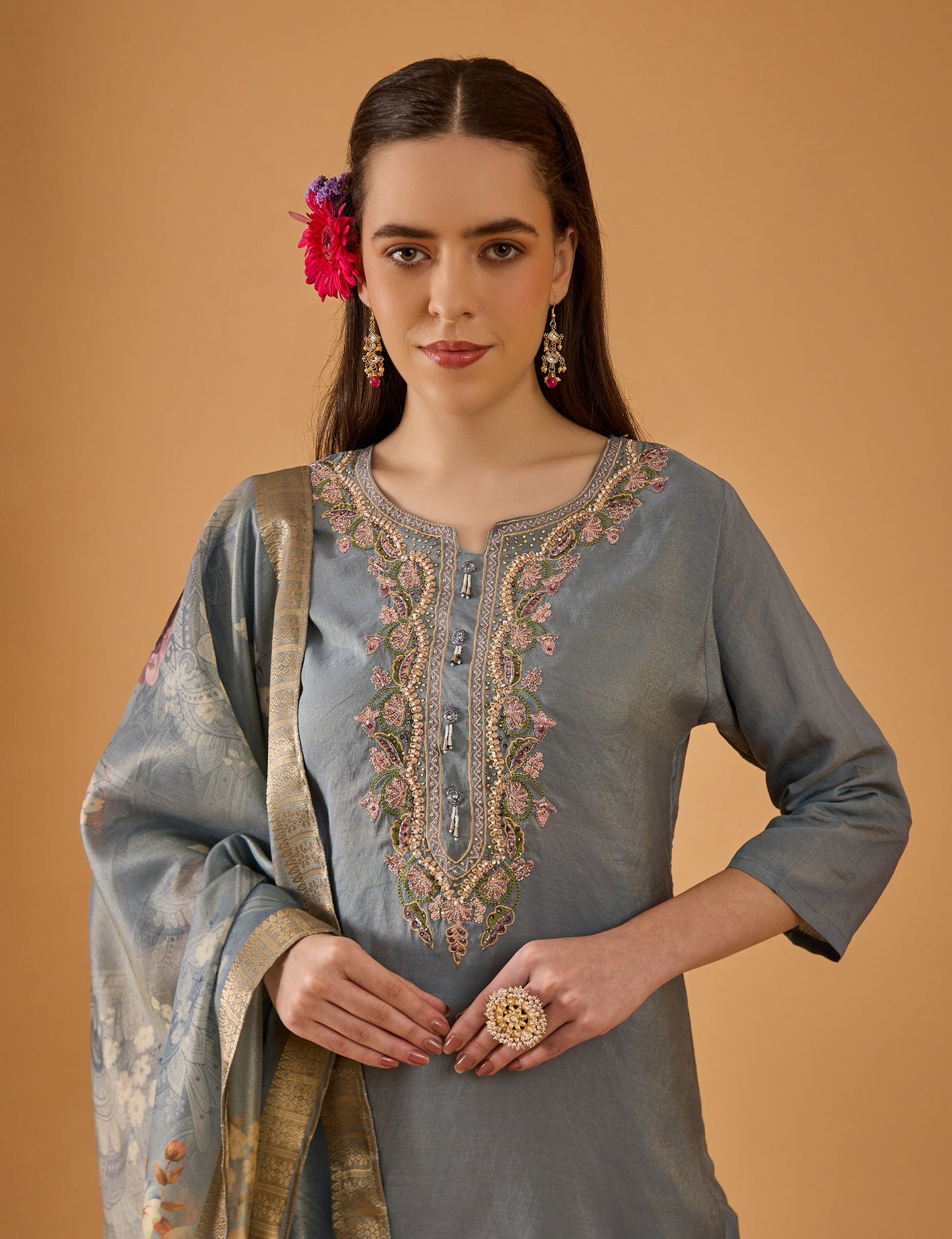 dhartii  Blue Ocean Mist Embroidered Silk Blend Kurta Set