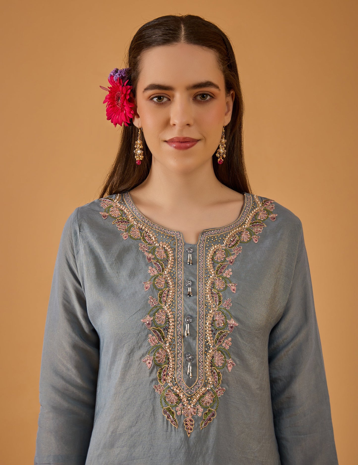 dhartii  Blue Ocean Mist Embroidered Silk Blend Kurta Set