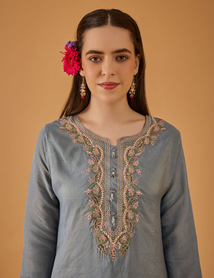 dhartii  Blue Ocean Mist Embroidered Silk Blend Kurta Set